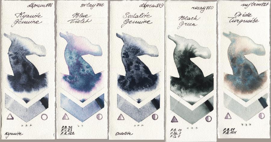 Daniel Smith 186 Kyanite Genuine vs SuperVision 742 Blue Violet vs 179 Sodalite Genuine vs Rosa Gallery 760 Black Green vs Mijello Mission Gold 827 Oxide Turquoise watercolor swatch