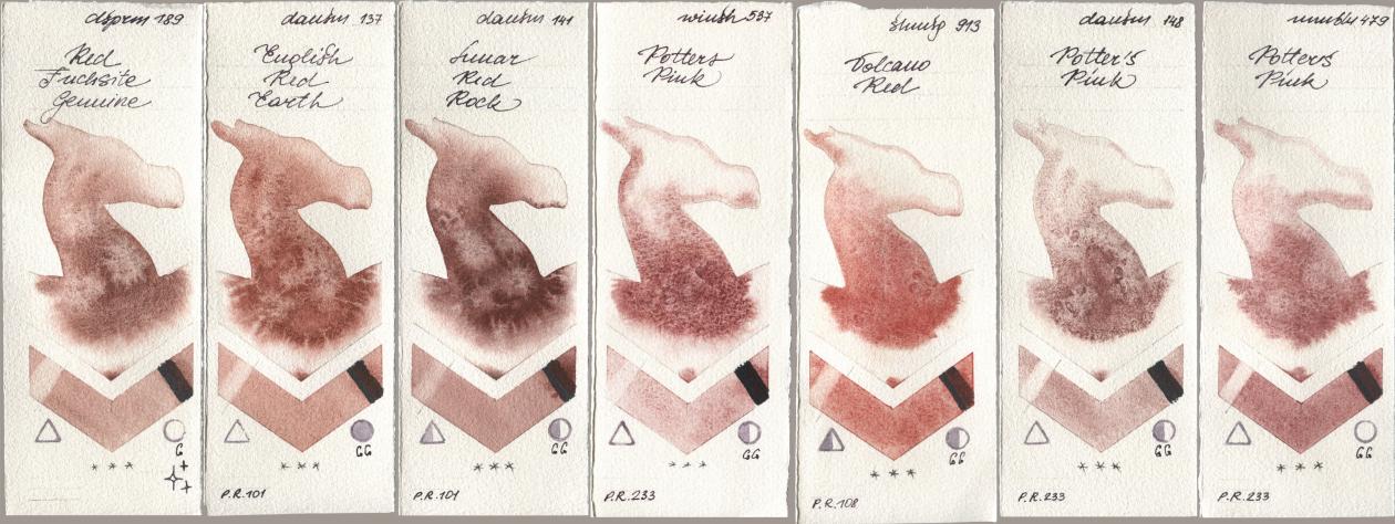 Daniel Smith 189 Red Fuchsite Genuine, 137 English Red Earth, 141 Lunar Red Rock, Winsor & Newton Professional 537 Potters Pink, Shminke Horadam Aquarell 913 Volcano Red, 148 Potters Pink, Maimeri Blu 479 Potters Pi watercolor swatch