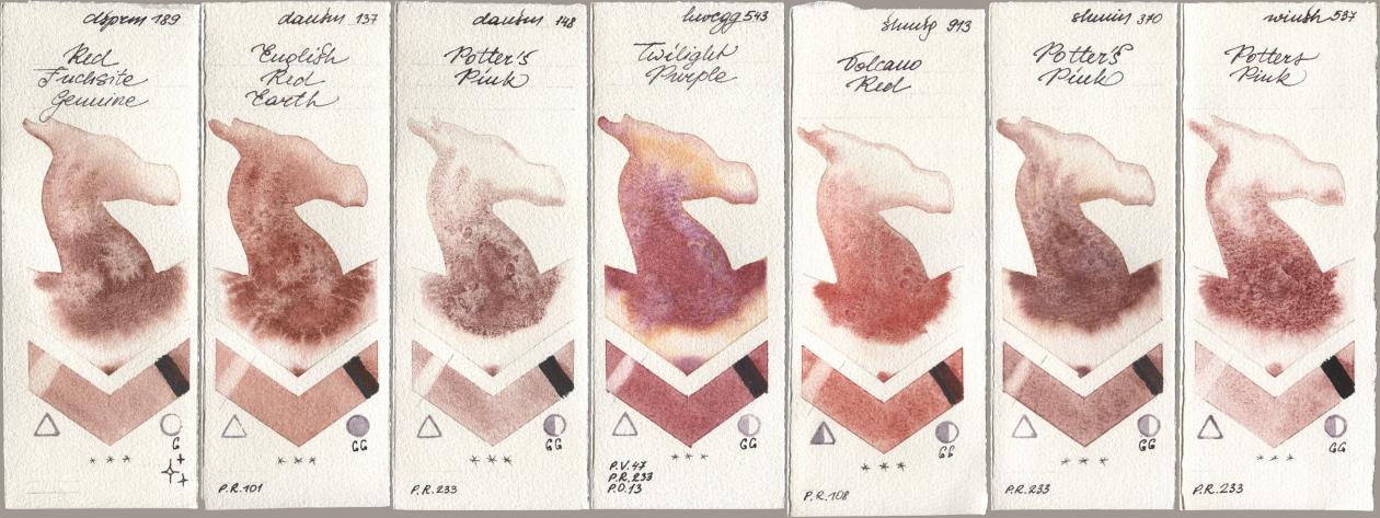 Daniel Smith 189 Red Fuchsite Genuine, 137 English Red Earth, 148 Potters Pink, Holbein Artists Watercolor 543 Twilight Purple, Shminke Horadam Aquarell 913 Volcano Red, 370 Potters Pink, Winsor & Newton Professional 537 Potters Pi watercolor swatch