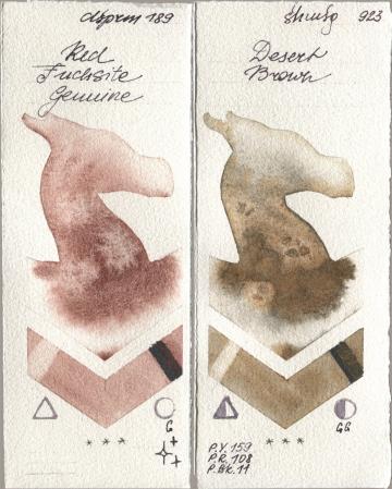 Daniel Smith 189 Red Fuchsite Genuine, Shminke Horadam Aquarell 923 Desert Bro watercolor swatch