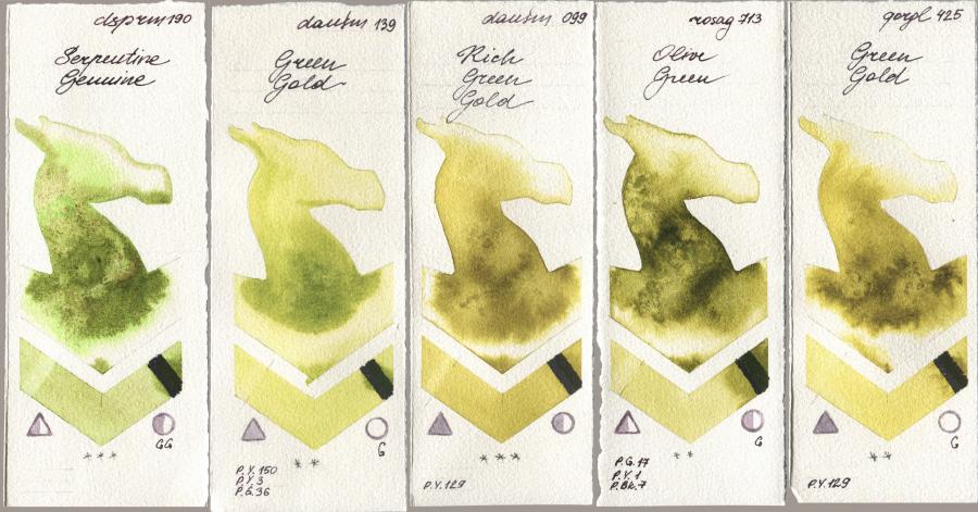 Daniel Smith 190 Serpentine Genuine, 139 Green Gold, 099 Rich Green Gold, Rosa Gallery 713 Olive Green, Golden QOR 425 Green Go watercolor swatch