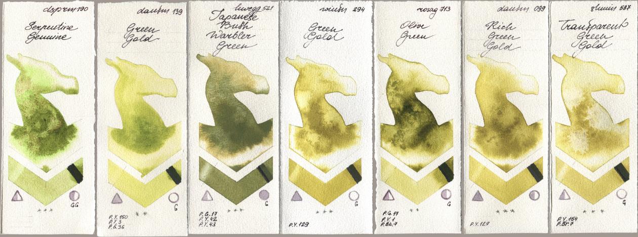 Daniel Smith 190 Serpentine Genuine, 139 Green Gold, Holbein Artists Watercolor 521 Japanese Bush Warbler Green, Winsor & Newton Professional 294 Green Gold, Rosa Gallery 713 Olive Green, 099 Rich Green Gold, Shminke Horadam Aquarell 537 Transparent Green Go watercolor swatch