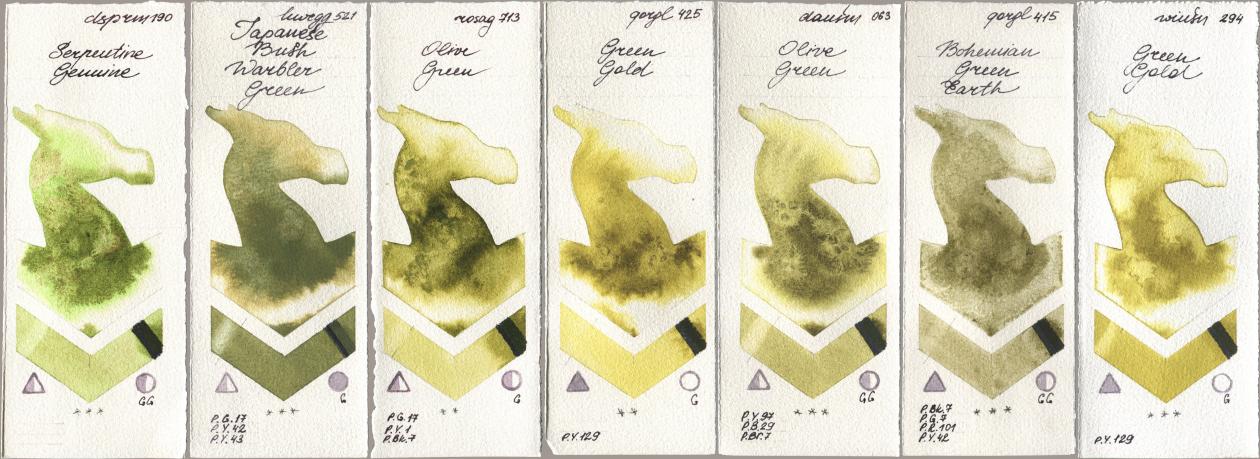 Daniel Smith 190 Serpentine Genuine, Holbein Artists Watercolor 521 Japanese Bush Warbler Green, Rosa Gallery 713 Olive Green, Golden QOR 425 Green Gold, 063 Olive Green, 415 Bohemian Green Earth, Winsor & Newton Professional 294 Green Go watercolor swatch