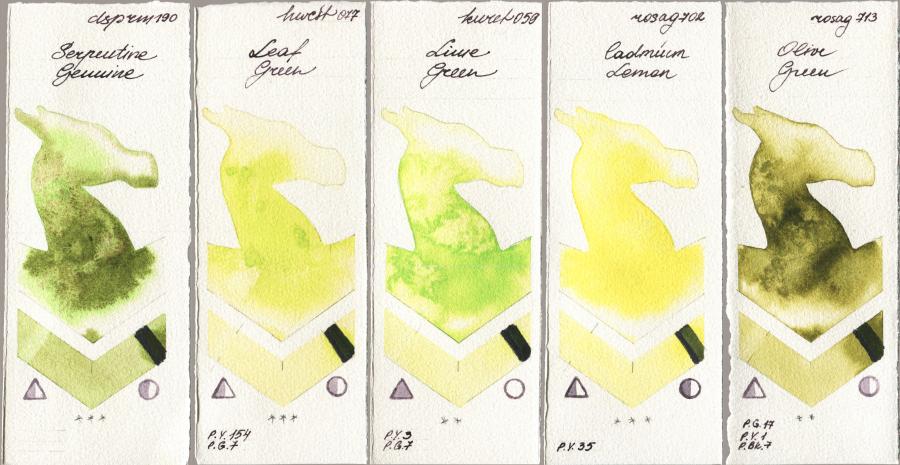 Daniel Smith 190 Serpentine Genuine vs Holbein Artists Watercolor 077 Leaf Green vs Kuretake Gansai Tambi 059 Lime Green vs Rosa Gallery 702 Cadmium Lemon vs 713 Olive Green watercolor swatch