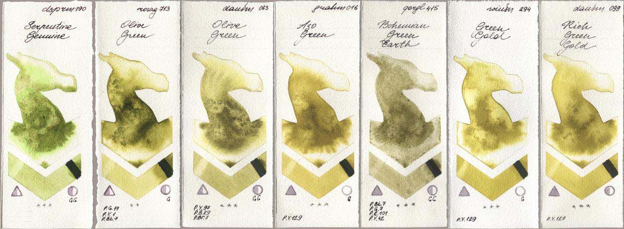 Daniel Smith 190 Serpentine Genuine, Rosa Gallery 713 Olive Green, 063 Olive Green, M. Graham & Co. Artists 016 Azo Green, Golden QOR 415 Bohemian Green Earth, Winsor & Newton Professional 294 Green Gold, 099 Rich Green Go watercolor swatch