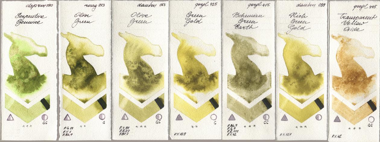 Daniel Smith 190 Serpentine Genuine, Rosa Gallery 713 Olive Green, 063 Olive Green, Golden QOR 425 Green Gold, 415 Bohemian Green Earth, 099 Rich Green Gold, 445 Transparent Yellow Oxi watercolor swatch