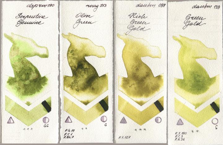 Daniel Smith 190 Serpentine Genuine, Rosa Gallery 713 Olive Green, 099 Rich Green Gold, 139 Green Go watercolor swatch