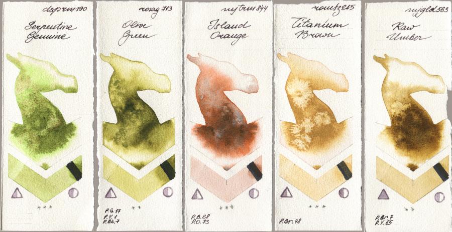 Daniel Smith 190 Serpentine Genuine vs Rosa Gallery 713 Olive Green vs Mijello Mission Gold 844 Island Orange vs Roman Szmal Aquarius 265 Titanium Brown vs 563 Raw Umber watercolor swatch