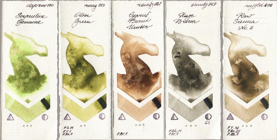 Daniel Smith 190 Serpentine Genuine vs Rosa Gallery 713 Olive Green vs Roman Szmal Aquarius 128 Cyprus Burnt Umber vs Shminke Horadam Aquarell 969 Haze Brown vs Mijello Mission Gold 606 Raw Sienna No 2 watercolor swatch