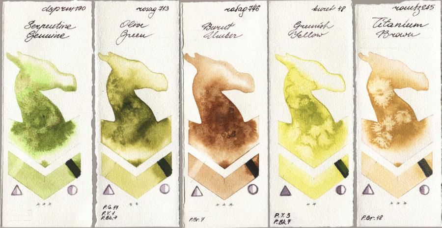 Daniel Smith 190 Serpentine Genuine vs Rosa Gallery 713 Olive Green vs 746 Burnt Umber vs Kuretake Gansai Tambi 048 Greenish Yellow vs Roman Szmal Aquarius 265 Titanium Brown watercolor swatch