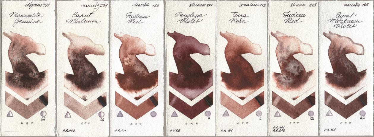 Daniel Smith 191 Piemontite Genuine, Roman Szmal Aquarius 239 Caput Mortuum, Holbein Artists Watercolor 135 Indian Red, Shminke Horadam Aquarell 371 Perylene Violet, M. Graham & Co. Artists 179 Terra Rosa, 645 Indian Red, Winsor & Newton Professional 125 Caput Mortuum Viol watercolor swatch