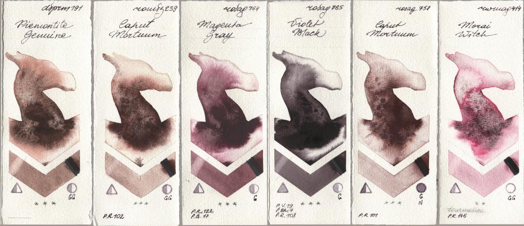 Daniel Smith 191 Piemontite Genuine, Roman Szmal Aquarius 239 Caput Mortuum, Rosa Gallery 764 Magenta Gray, 765 Violet Black, 758 Caput Mortuum, Rockwell 414 Morai Wit watercolor swatch