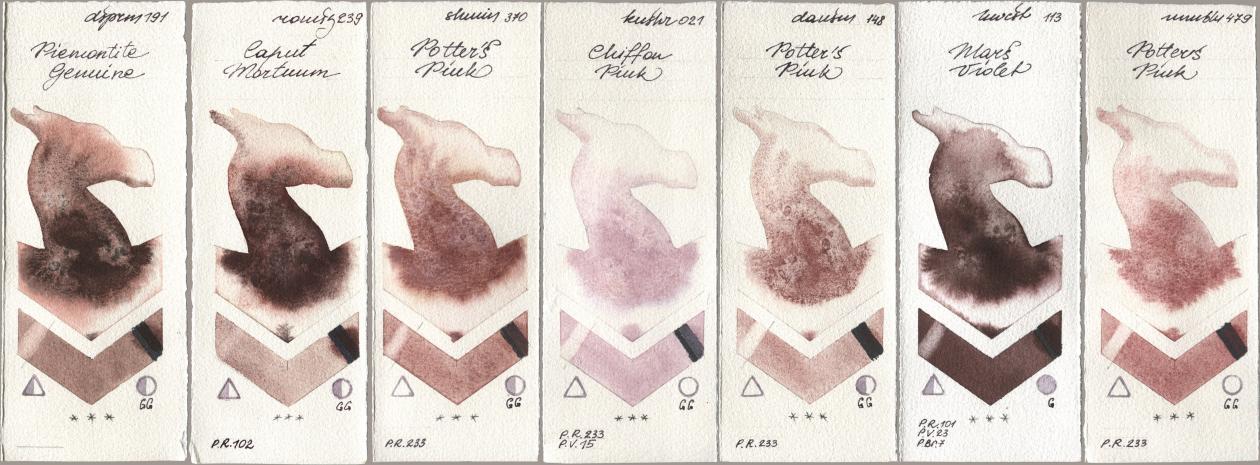 Daniel Smith 191 Piemontite Genuine, Roman Szmal Aquarius 239 Caput Mortuum, Shminke Horadam Aquarell 370 Potters Pink, Kusakabe 021 Chiffon Pink, 148 Potters Pink, Holbein Artists Watercolor 113 Mars Violet, Maimeri Blu 479 Potters Pi watercolor swatch