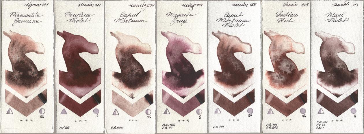 Daniel Smith 191 Piemontite Genuine, Shminke Horadam Aquarell 371 Perylene Violet, Roman Szmal Aquarius 239 Caput Mortuum, Rosa Gallery 764 Magenta Gray, Winsor & Newton Professional 125 Caput Mortuum Violet, 645 Indian Red, Holbein Artists Watercolor 113 Mars Viol watercolor swatch