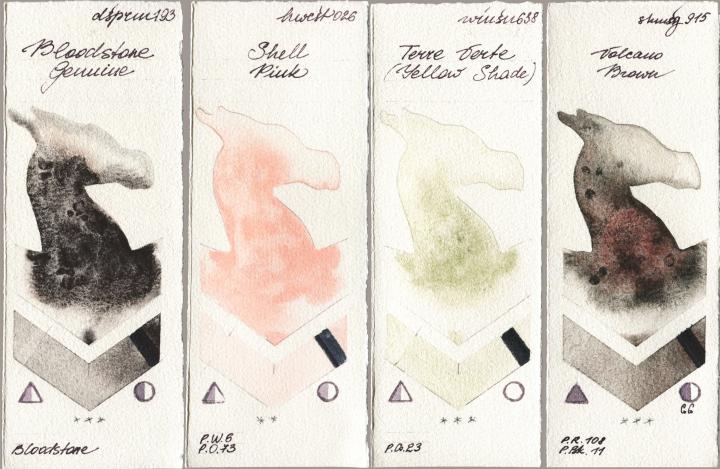 Daniel Smith 193 Bloodstone Genuine vs Holbein Artists Watercolor 026 Shell Pink vs Winsor & Newton Professional 638 Terre Verte (Yellow Shade) vs Shminke Horadam Aquarell 915 Volcano Brown watercolor swatch