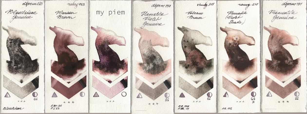 Daniel Smith 193 Bloodstone Genuine, Rosa Gallery 763 Maroon Brown, my 191 piem, 157 Hematite Violet Genuine, Shminke Horadam Aquarell 915 Volcano Brown, Roman Szmal Aquarius 248 Hematite (Violet Shade), 191 Piemontite Genui watercolor swatch