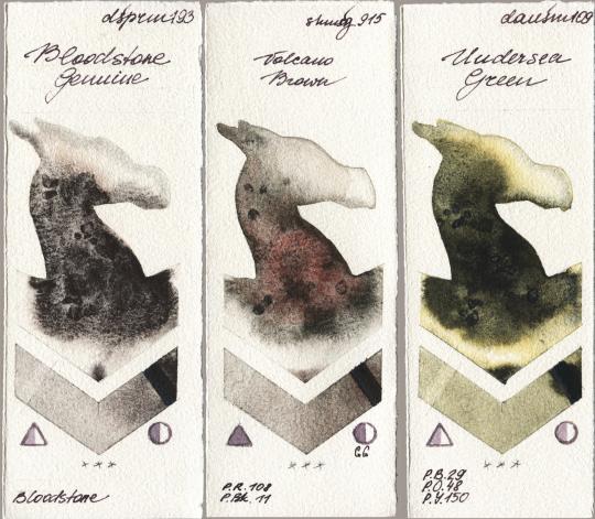 Daniel Smith 193 Bloodstone Genuine vs Shminke Horadam Aquarell 915 Volcano Brown vs 109 Undersea Green watercolor swatch