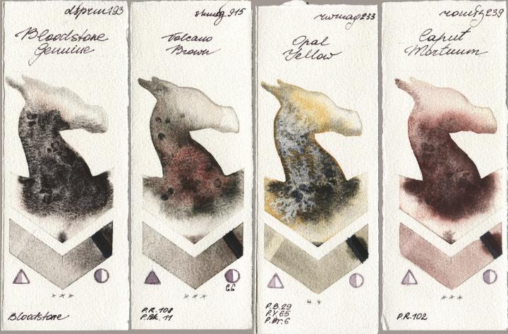 Daniel Smith 193 Bloodstone Genuine vs Shminke Horadam Aquarell 915 Volcano Brown vs Rockwell 233 Opal Yellow vs Roman Szmal Aquarius 239 Caput Mortuum watercolor swatch
