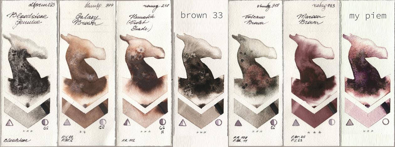 Daniel Smith 193 Bloodstone Genuine, Shminke Horadam Aquarell 974 Galaxy Brown, Roman Szmal Aquarius 248 Hematite (Violet Shade), my 033 brown33, 915 Volcano Brown, Rosa Gallery 763 Maroon Brown, 191 pi watercolor swatch