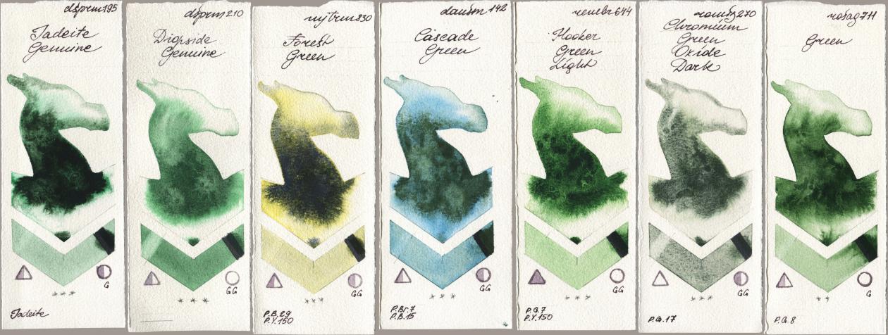 Daniel Smith 195 Jadeite Genuine, 210 Diopside Genuine, Mijello Mission Gold 830 Forest Green, 142 Cascade Green, Royal Talens Rembrandt Watercolour 644 Hooker Green Light, Roman Szmal Aquarius 270 Chromium Green Oxide Dark, Rosa Gallery 711 Gre watercolor swatch