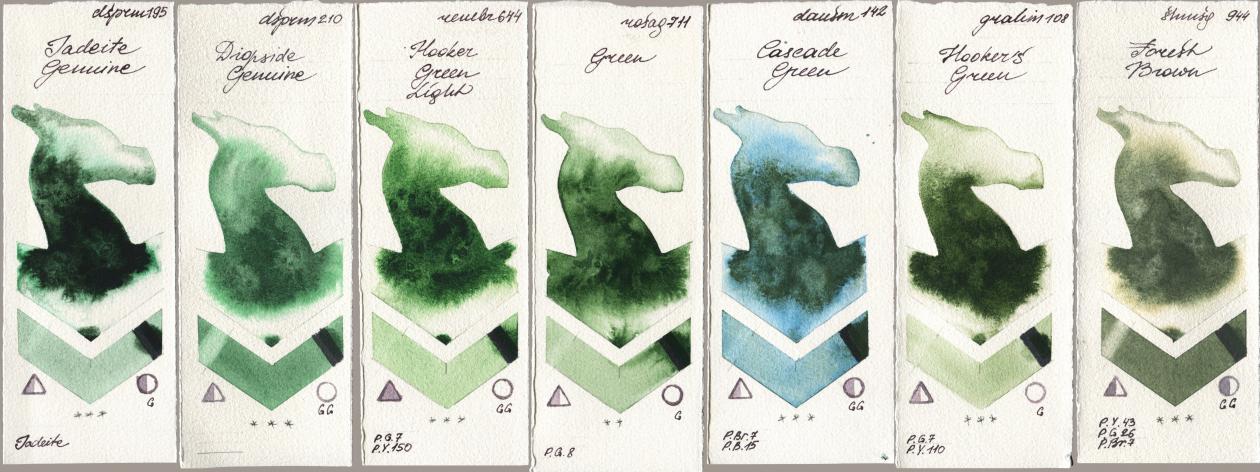 Daniel Smith 195 Jadeite Genuine, 210 Diopside Genuine, Royal Talens Rembrandt Watercolour 644 Hooker Green Light, Rosa Gallery 711 Green, 142 Cascade Green, M. Graham & Co. Artists 108 Hookers Green, Shminke Horadam Aquarell 944 Forest Bro watercolor swatch