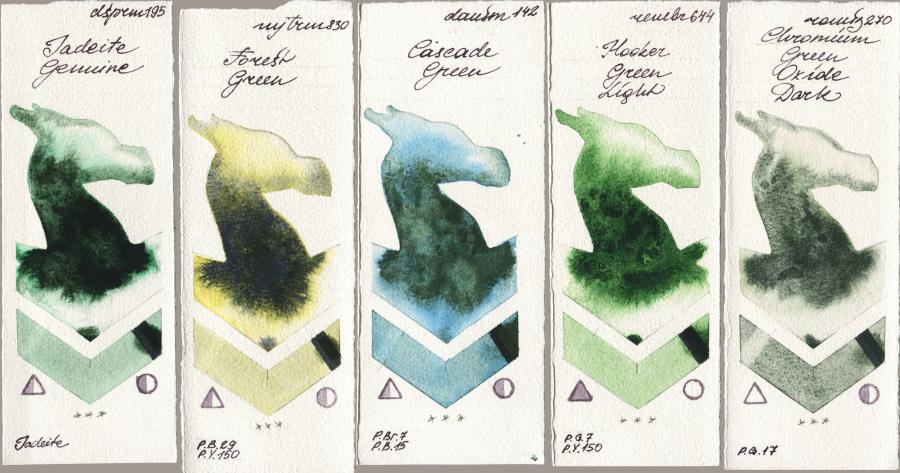 Daniel Smith 195 Jadeite Genuine vs Mijello Mission Gold 830 Forest Green vs 142 Cascade Green vs Royal Talens Rembrandt Watercolour 644 Hooker Green Light vs Roman Szmal Aquarius 270 Chromium Green Oxide Dark watercolor swatch