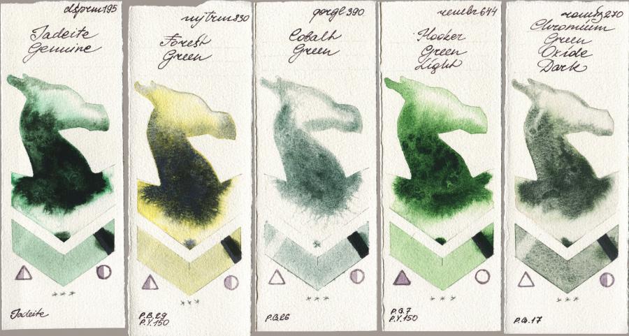Daniel Smith 195 Jadeite Genuine vs Mijello Mission Gold 830 Forest Green vs Golden QOR 390 Cobalt Green vs Royal Talens Rembrandt Watercolour 644 Hooker Green Light vs Roman Szmal Aquarius 270 Chromium Green Oxide Dark watercolor swatch