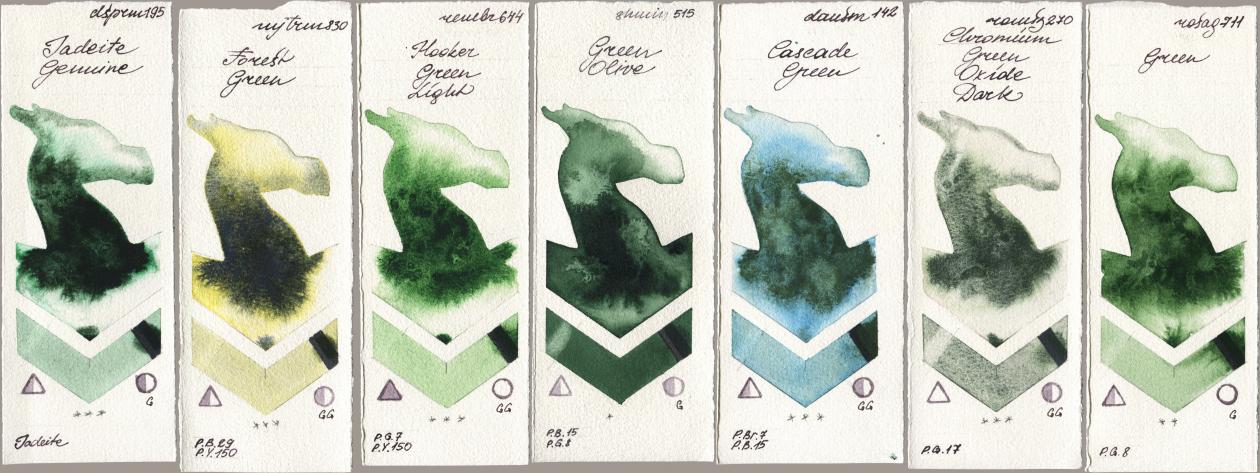 Daniel Smith 195 Jadeite Genuine, Mijello Mission Gold 830 Forest Green, Royal Talens Rembrandt Watercolour 644 Hooker Green Light, Shminke Horadam Aquarell 515 Green Olive, 142 Cascade Green, Roman Szmal Aquarius 270 Chromium Green Oxide Dark, Rosa Gallery 711 Gre watercolor swatch