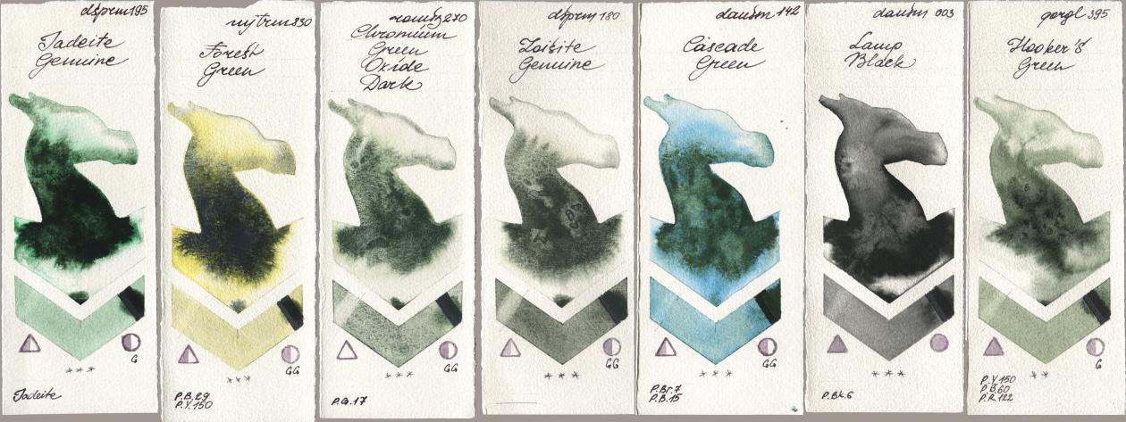 Daniel Smith 195 Jadeite Genuine, Mijello Mission Gold 830 Forest Green, Roman Szmal Aquarius 270 Chromium Green Oxide Dark, 180 Zoisite Genuine, 142 Cascade Green, 003 Lamp Black, Golden QOR 395 Hookers Gre watercolor swatch