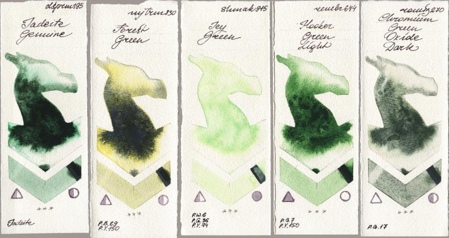 Daniel Smith 195 Jadeite Genuine vs Mijello Mission Gold 830 Forest Green vs Shminke Akademie Aquarell 915 Icy Green vs Royal Talens Rembrandt Watercolour 644 Hooker Green Light vs Roman Szmal Aquarius 270 Chromium Green Oxide Dark watercolor swatch