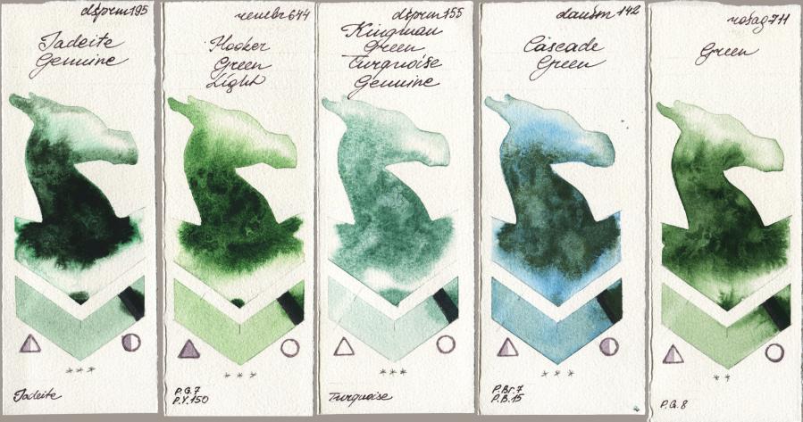 Daniel Smith 195 Jadeite Genuine vs Royal Talens Rembrandt Watercolour 644 Hooker Green Light vs 155 Kingman Green Turquoise Genuine vs 142 Cascade Green vs Rosa Gallery 711 Green watercolor swatch