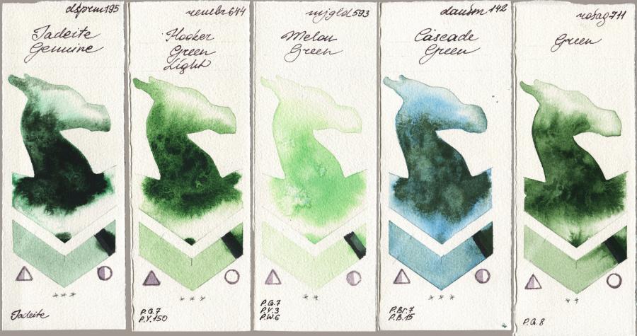 Daniel Smith 195 Jadeite Genuine vs Royal Talens Rembrandt Watercolour 644 Hooker Green Light vs Mijello Mission Gold 593 Melon Green vs 142 Cascade Green vs Rosa Gallery 711 Green watercolor swatch
