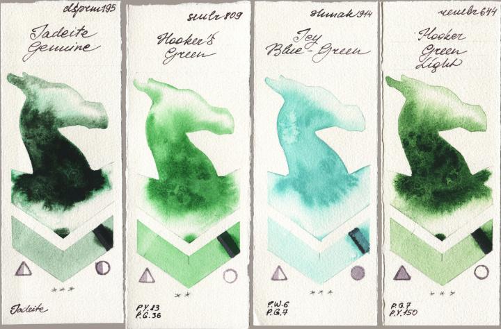 Daniel Smith 195 Jadeite Genuine vs Sennelier l Aquarelle 809 Hookers Green vs Shminke Akademie Aquarell 914 Icy Blue-Green vs Royal Talens Rembrandt Watercolour 644 Hooker Green Light watercolor swatch
