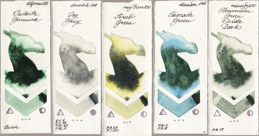 Daniel Smith 195 Jadeite Genuine vs Shminke Akademie Aquarell 918 Icy Grey vs Mijello Mission Gold 830 Forest Green vs 142 Cascade Green vs Roman Szmal Aquarius 270 Chromium Green Oxide Dark watercolor swatch