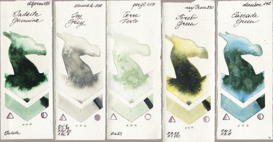 Daniel Smith 195 Jadeite Genuine vs Shminke Akademie Aquarell 918 Icy Grey vs Golden QOR 405 Terre Verte vs Mijello Mission Gold 830 Forest Green vs 142 Cascade Green watercolor swatch