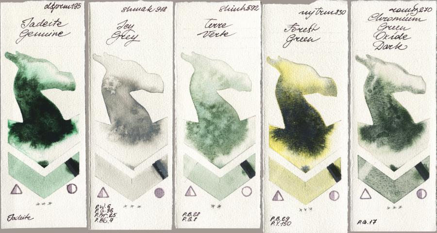 Daniel Smith 195 Jadeite Genuine vs Shminke Akademie Aquarell 918 Icy Grey vs Shinhan PWC 592 Terre Verte vs Mijello Mission Gold 830 Forest Green vs Roman Szmal Aquarius 270 Chromium Green Oxide Dark watercolor swatch