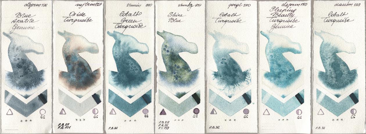 Daniel Smith 196 Blue Apatite Genuine, Mijello Mission Gold 827 Oxide Turquoise, Shminke Horadam Aquarell 510 Cobalt Green Turquoise, 934 Shire Blue, Golden QOR 370 Cobalt Turquoise, 150 Sleeping Beauty Turquoise Genuine, 029 Cobalt Turquoi watercolor swatch
