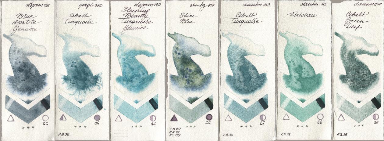 Daniel Smith 196 Blue Apatite Genuine, Golden QOR 370 Cobalt Turquoise, 150 Sleeping Beauty Turquoise Genuine, Shminke Horadam Aquarell 934 Shire Blue, 029 Cobalt Turquoise, 112 Viridian, 258 Cobalt Green De watercolor swatch