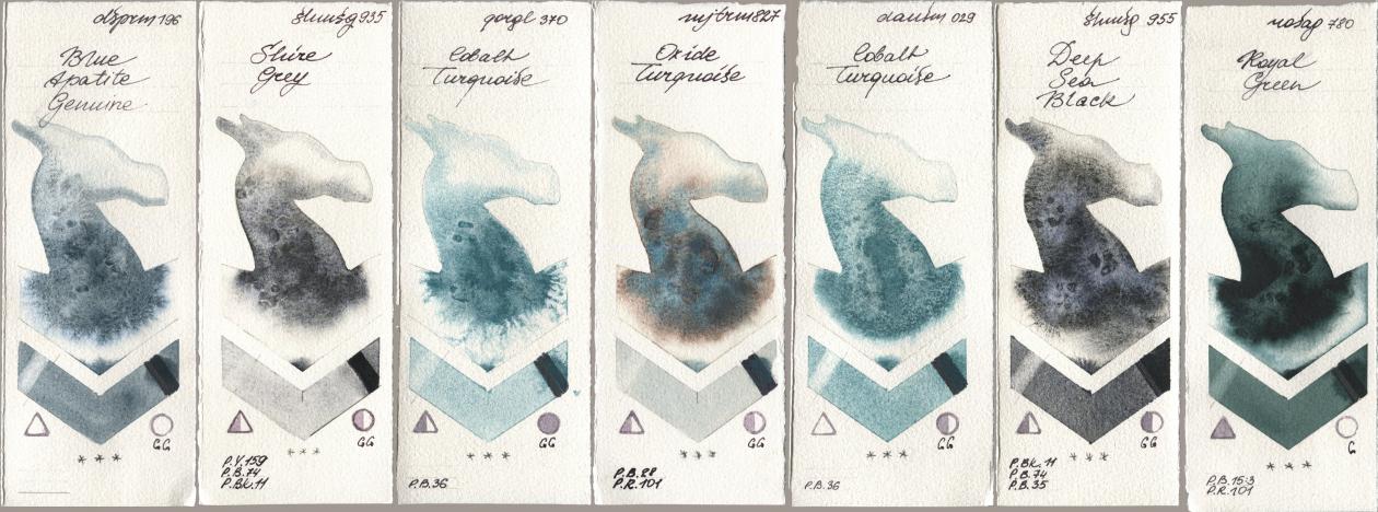 Daniel Smith 196 Blue Apatite Genuine, Shminke Horadam Aquarell 935 Shire Grey, Golden QOR 370 Cobalt Turquoise, Mijello Mission Gold 827 Oxide Turquoise, 029 Cobalt Turquoise, 955 Deep Sea Black, Rosa Gallery 780 Royal Gre watercolor swatch