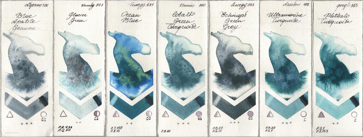 Daniel Smith 196 Blue Apatite Genuine, Shminke Horadam Aquarell 963 Glacier Green, Holbein Artists Watercolor 531 Ocean Blue, 510 Cobalt Green Turquoise, 563 Echinops Green Grey, 105 Ultramarine Turquoise, Golden QOR 365 Phthalo Turquoi watercolor swatch
