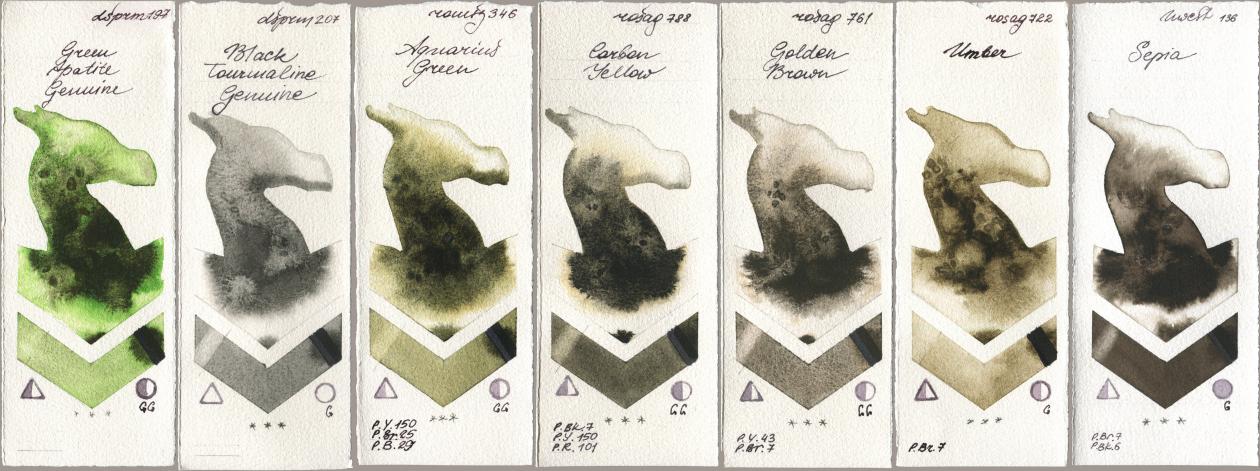 Daniel Smith 197 Green Apatite Genuine, 207 Black Tourmaline Genuine, Roman Szmal Aquarius 346 Aquarius Green, Rosa Gallery 788 Carbon Yellow, 761 Golden Brown, 722 Umber, Holbein Artists Watercolor 136 Sep watercolor swatch