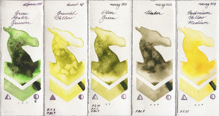 Daniel Smith 197 Green Apatite Genuine vs Kuretake Gansai Tambi 48 Greenish Yellow vs Rosa Gallery 713 Olive Green vs 722 Umber vs 703 Cadmium Yellow Medium watercolor swatch