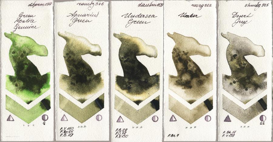 Daniel Smith 197 Green Apatite Genuine vs Roman Szmal Aquarius 346 Aquarius Green vs 109 Undersea Green vs Rosa Gallery 722 Umber vs Shminke Horadam Aquarell 925 Desert Grey watercolor swatch