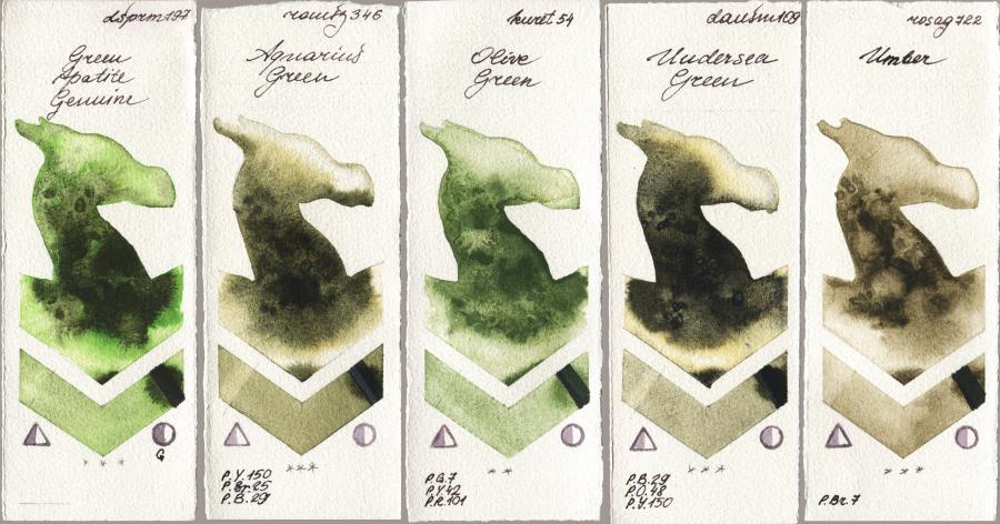 Daniel Smith 197 Green Apatite Genuine vs Roman Szmal Aquarius 346 Aquarius Green vs Kuretake Gansai Tambi 054 Olive Green vs 109 Undersea Green vs Rosa Gallery 722 Umber watercolor swatch