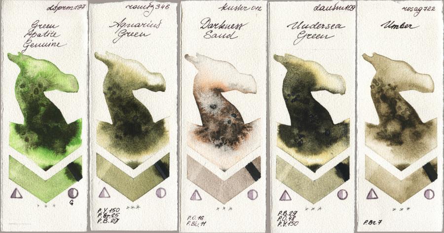 Daniel Smith 197 Green Apatite Genuine vs Roman Szmal Aquarius 346 Aquarius Green vs Kusakabe 012 Darkness Sand vs 109 Undersea Green vs Rosa Gallery 722 Umber watercolor swatch