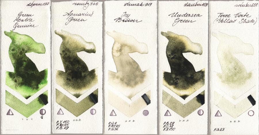 Daniel Smith 197 Green Apatite Genuine vs Roman Szmal Aquarius 346 Aquarius Green vs Shminke Akademie Aquarell 917 Icy Brown vs 109 Undersea Green vs Winsor & Newton Professional 638 Terre Verte (Yellow Shade) watercolor swatch