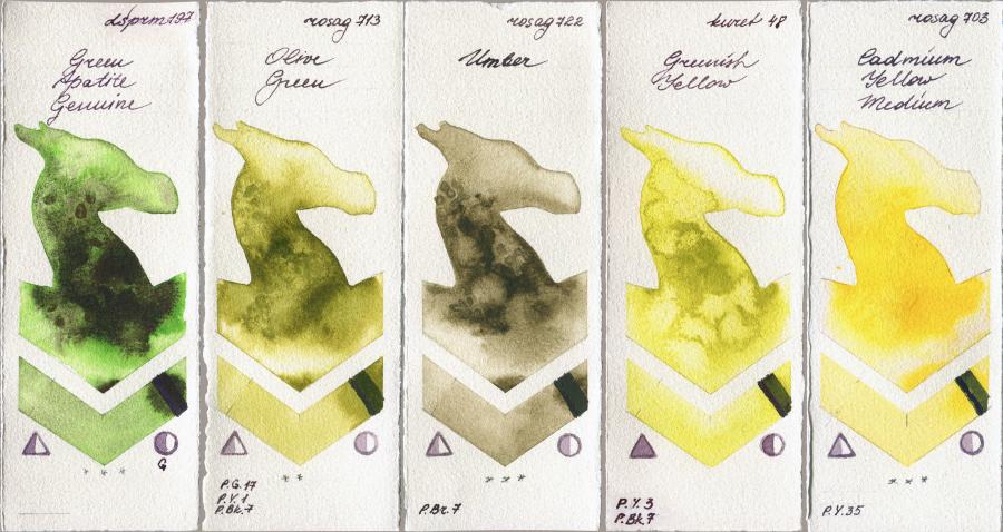 Daniel Smith 197 Green Apatite Genuine vs Rosa Gallery 713 Olive Green vs 722 Umber vs Kuretake Gansai Tambi 48 Greenish Yellow vs 703 Cadmium Yellow Medium watercolor swatch