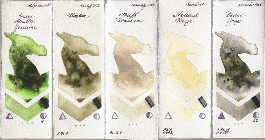 Daniel Smith 197 Green Apatite Genuine vs Rosa Gallery 722 Umber vs Roman Szmal Aquarius 201 Buff Titanium vs Kuretake Gansai Tambi 11 Natural Beige vs Shminke Horadam Aquarell 925 Desert Grey watercolor swatch