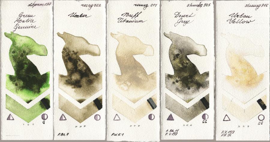 Daniel Smith 197 Green Apatite Genuine vs Rosa Gallery 722 Umber vs Roman Szmal Aquarius 201 Buff Titanium vs Shminke Horadam Aquarell 925 Desert Grey vs 916 Urban Yellow watercolor swatch