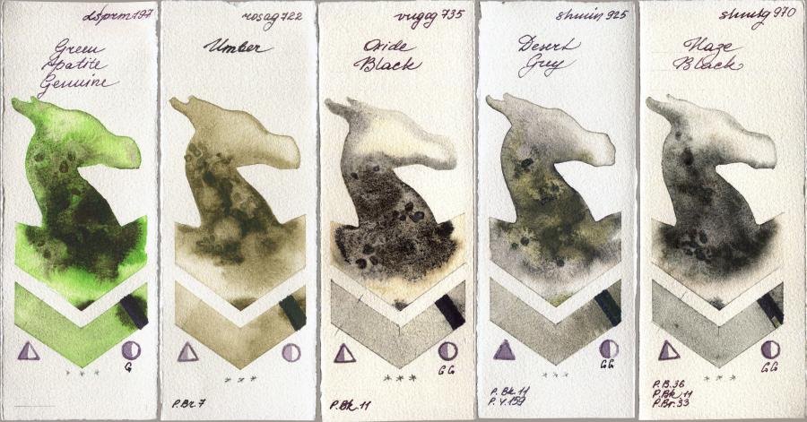 Daniel Smith 197 Green Apatite Genuine vs Rosa Gallery 722 Umber vs Royal Talens Van Gogh Watercolour 735 Oxide Black vs Shminke Horadam Aquarell 925 Desert Grey vs 970 Haze Black watercolor swatch